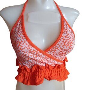 XS Vintage 70's Style Orange Floral Halter Crop Top Ruffle Hem Adjustable Tie